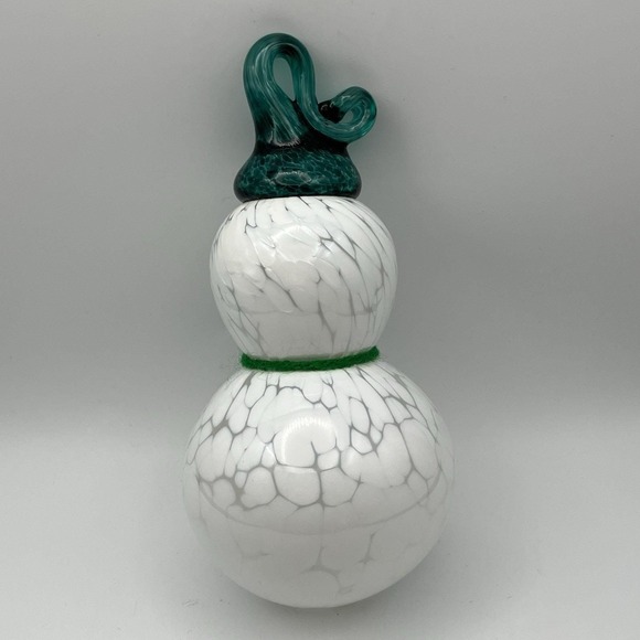 Glass Snowman Handblown Ornament Sculpture White Marbled / Emerald Hat Christmas - Picture 7 of 10
